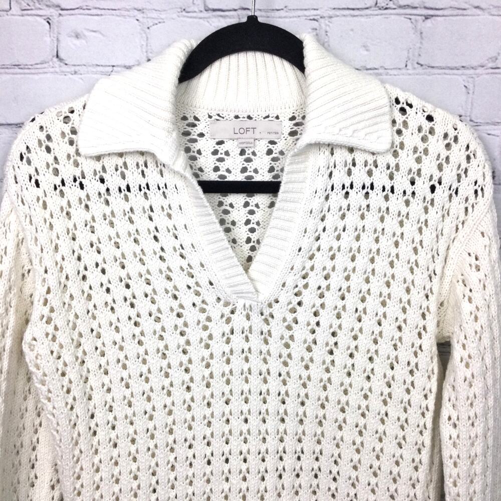 Loft Petites Cottagecore Open Knit Split Neck Cream Pullover Sweater Size XXS - Picture 2 of 13